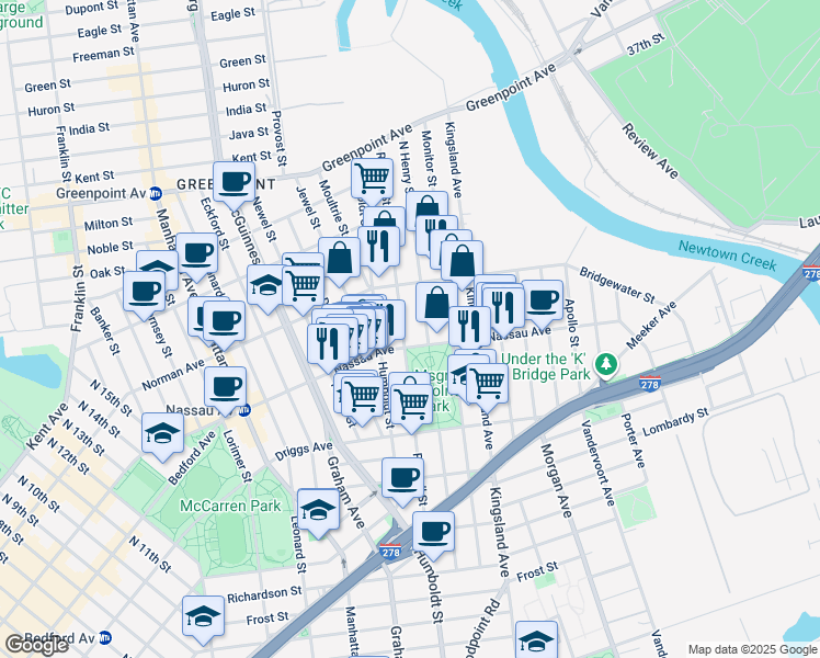 map of restaurants, bars, coffee shops, grocery stores, and more near 209 North Henry Street in Brooklyn