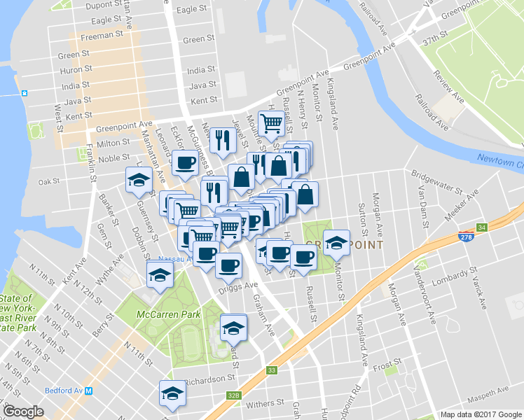 map of restaurants, bars, coffee shops, grocery stores, and more near 108A Diamond Street in Brooklyn