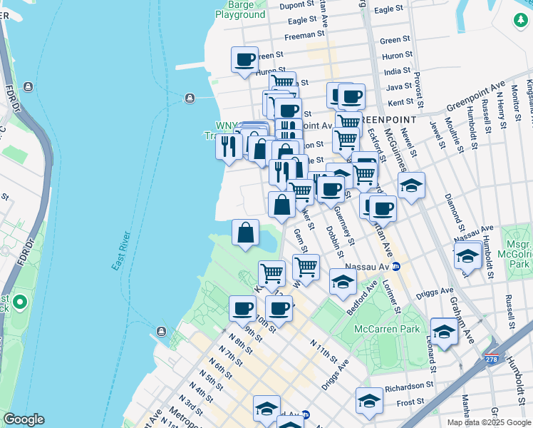 map of restaurants, bars, coffee shops, grocery stores, and more near 11 West Street in Brooklyn