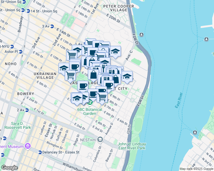 map of restaurants, bars, coffee shops, grocery stores, and more near 375 East 10th Street in New York