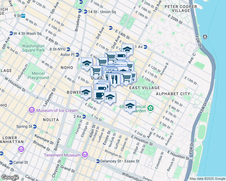 map of restaurants, bars, coffee shops, grocery stores, and more near 117 1st Avenue in New York