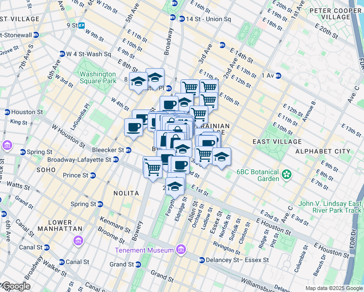 map of restaurants, bars, coffee shops, grocery stores, and more near 66 East 4th Street in New York