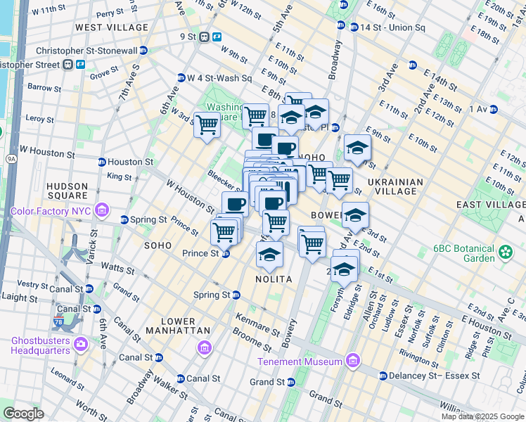 map of restaurants, bars, coffee shops, grocery stores, and more near 653 Broadway in New York