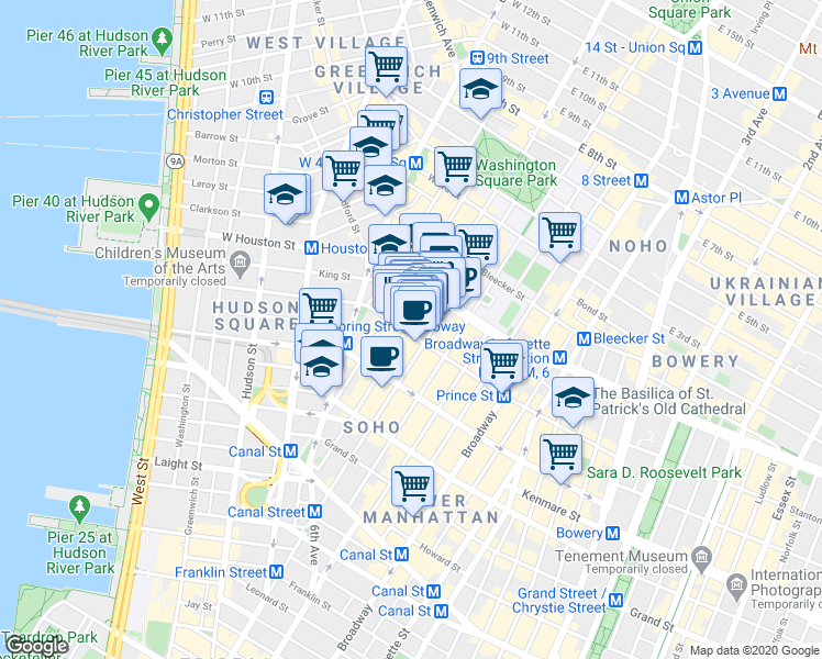map of restaurants, bars, coffee shops, grocery stores, and more near 155-159 Sullivan Street in New York