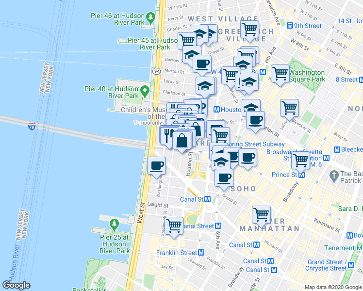 map of restaurants, bars, coffee shops, grocery stores, and more near 92 Vandam Street in New York