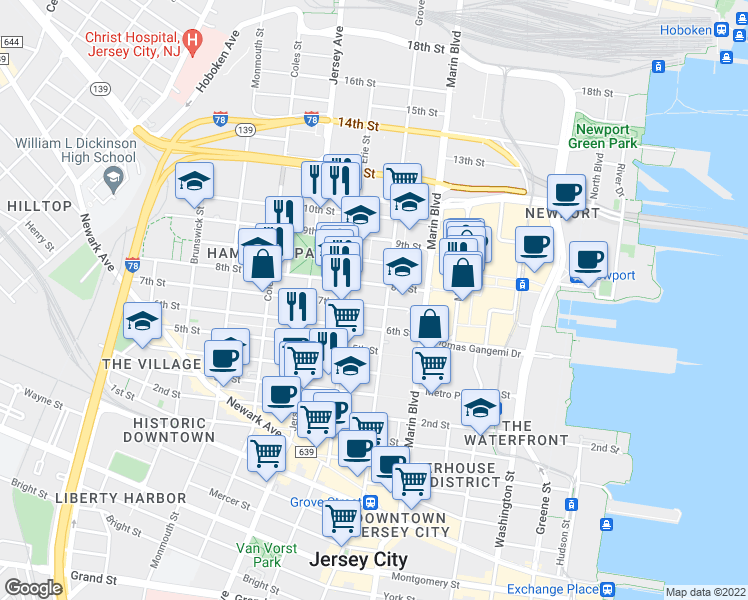 map of restaurants, bars, coffee shops, grocery stores, and more near in Jersey City