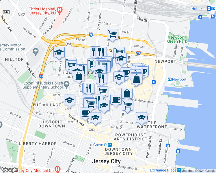 map of restaurants, bars, coffee shops, grocery stores, and more near in Jersey City