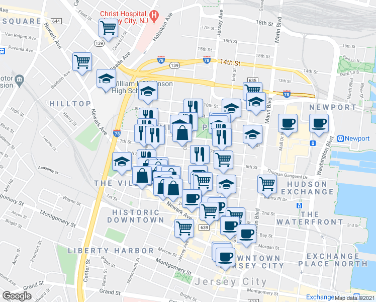map of restaurants, bars, coffee shops, grocery stores, and more near 299 7th Street in Jersey City