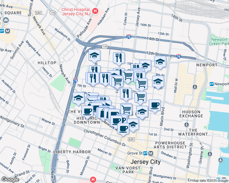 map of restaurants, bars, coffee shops, grocery stores, and more near 299 7th Street in Jersey City