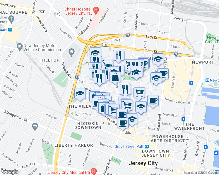 map of restaurants, bars, coffee shops, grocery stores, and more near 299 7th Street in Jersey City