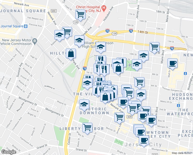 map of restaurants, bars, coffee shops, grocery stores, and more near 189 Brunswick Street in Jersey City