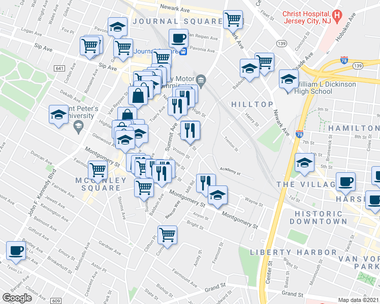 map of restaurants, bars, coffee shops, grocery stores, and more near 121 Baldwin Avenue in Jersey City