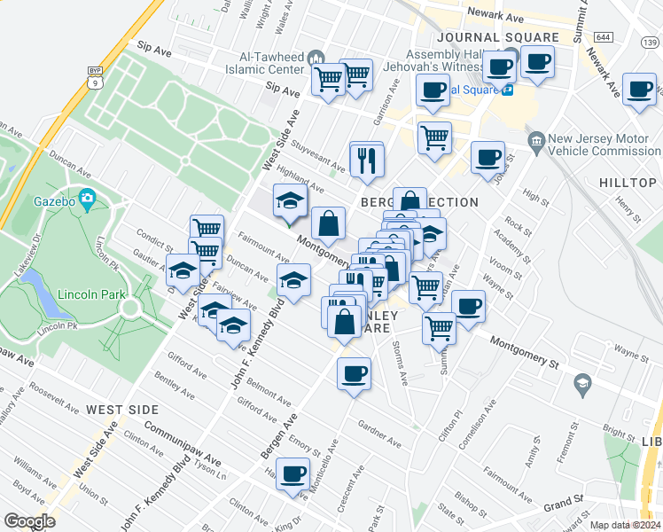 map of restaurants, bars, coffee shops, grocery stores, and more near in Jersey City