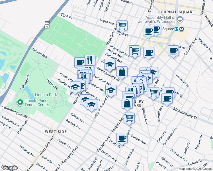 map of restaurants, bars, coffee shops, grocery stores, and more near 384 Fairmount Avenue in Jersey City