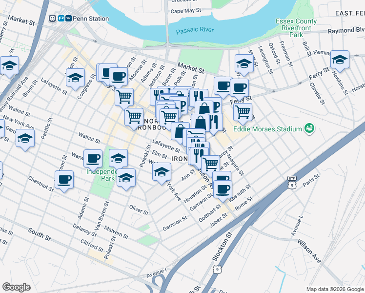 map of restaurants, bars, coffee shops, grocery stores, and more near 41-51 Wilson Avenue in Newark