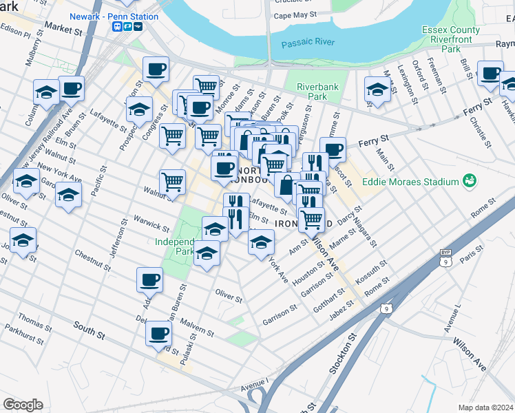 map of restaurants, bars, coffee shops, grocery stores, and more near 387 Lafayette Street in Newark