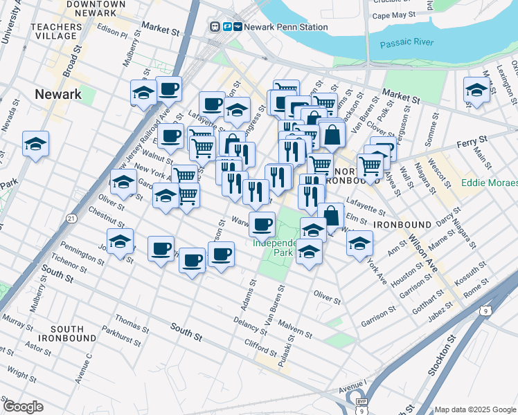 map of restaurants, bars, coffee shops, grocery stores, and more near 296 Walnut Street in Newark