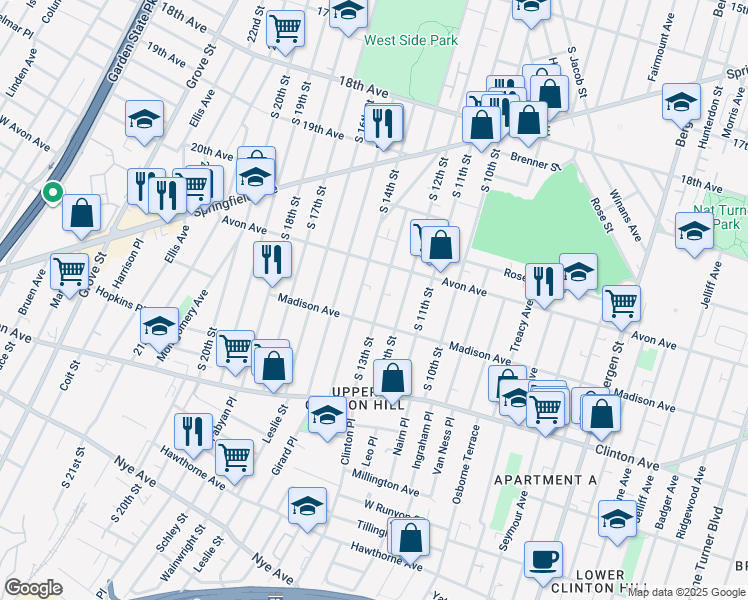 map of restaurants, bars, coffee shops, grocery stores, and more near 800 South 14th Street in Newark