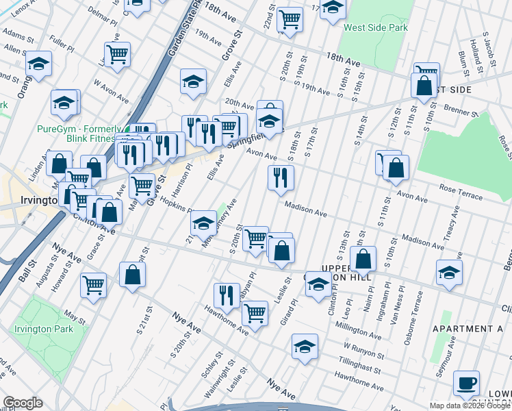 map of restaurants, bars, coffee shops, grocery stores, and more near 862 South 20th Street in Newark