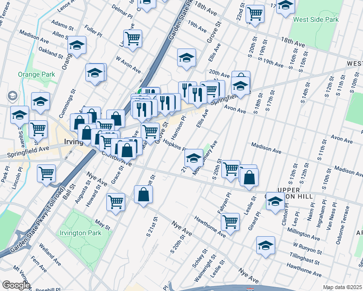 map of restaurants, bars, coffee shops, grocery stores, and more near 60 Harrison Place in Irvington