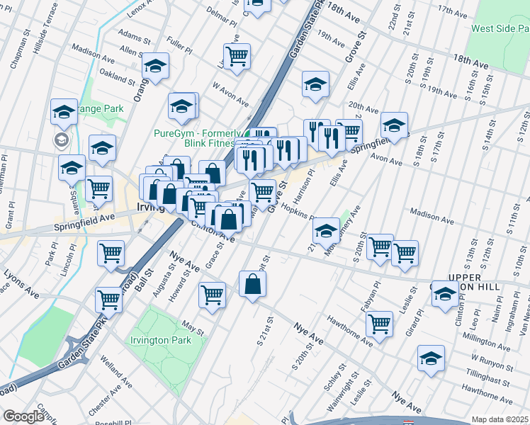 map of restaurants, bars, coffee shops, grocery stores, and more near 944 Grove Street in Irvington