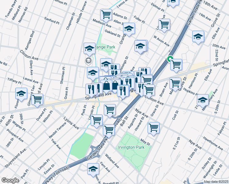map of restaurants, bars, coffee shops, grocery stores, and more near 1015 Springfield Avenue in Irvington