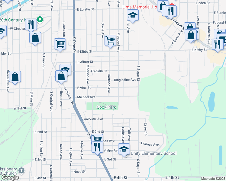 map of restaurants, bars, coffee shops, grocery stores, and more near 836-838 East Vine Street in Lima