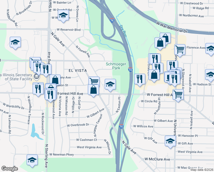 map of restaurants, bars, coffee shops, grocery stores, and more near 3126 North Finnell Avenue in Peoria