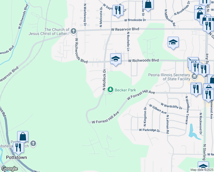 map of restaurants, bars, coffee shops, grocery stores, and more near 3113 North Molleck Drive in Peoria