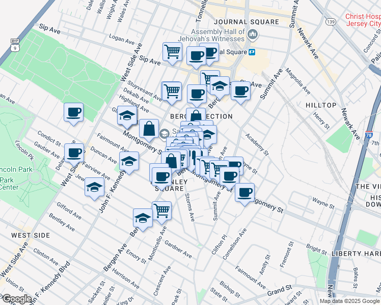 map of restaurants, bars, coffee shops, grocery stores, and more near 787 Bergen Avenue in Jersey City