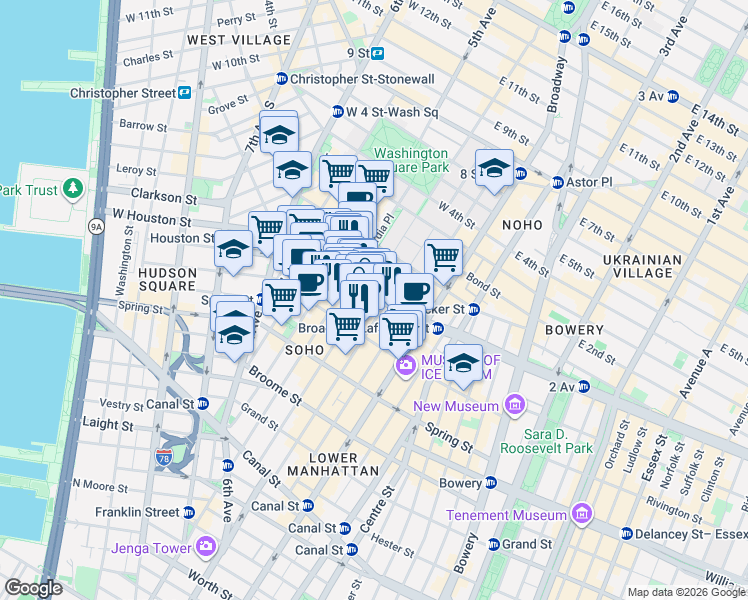 map of restaurants, bars, coffee shops, grocery stores, and more near 71 West Houston Street in New York