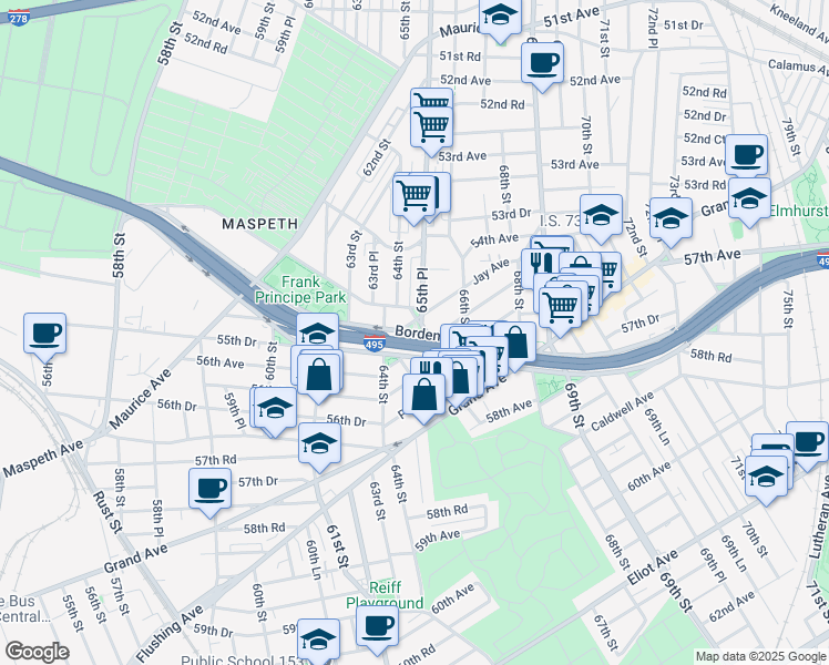 map of restaurants, bars, coffee shops, grocery stores, and more near 6434 Borden Avenue in Queens