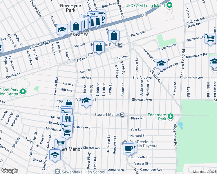map of restaurants, bars, coffee shops, grocery stores, and more near 625 South 12th Street in New Hyde Park