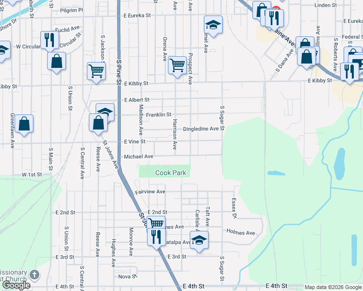 map of restaurants, bars, coffee shops, grocery stores, and more near 836-838 East Vine Street in Lima