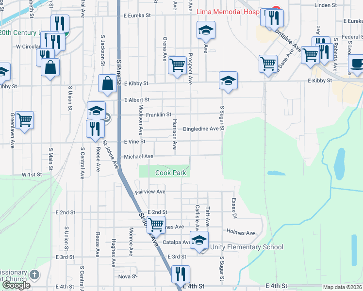 map of restaurants, bars, coffee shops, grocery stores, and more near 836-838 East Vine Street in Lima