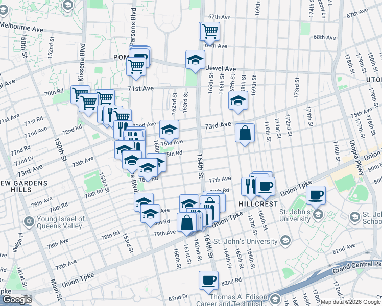 map of restaurants, bars, coffee shops, grocery stores, and more near 73-18 164th Street in Queens