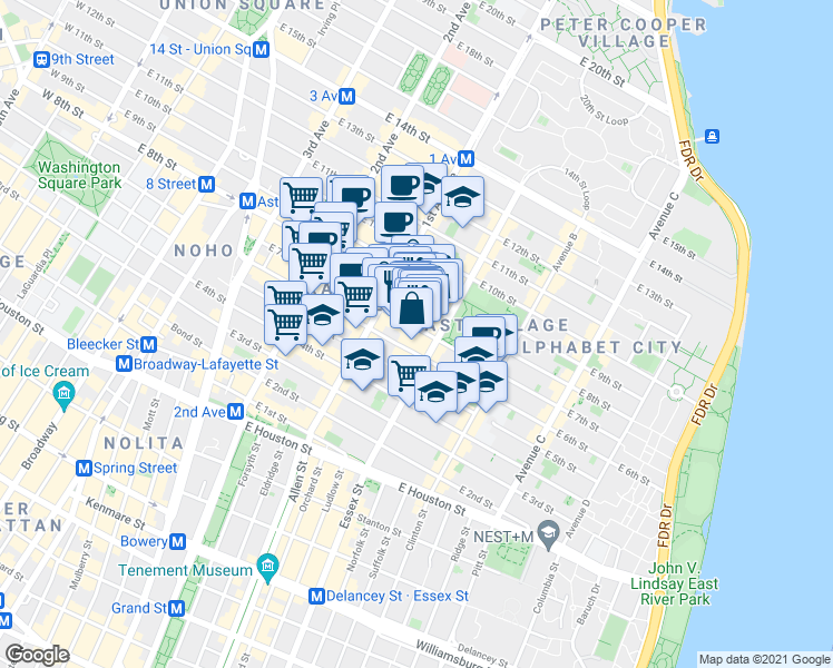 map of restaurants, bars, coffee shops, grocery stores, and more near 113 East 7th Street in New York