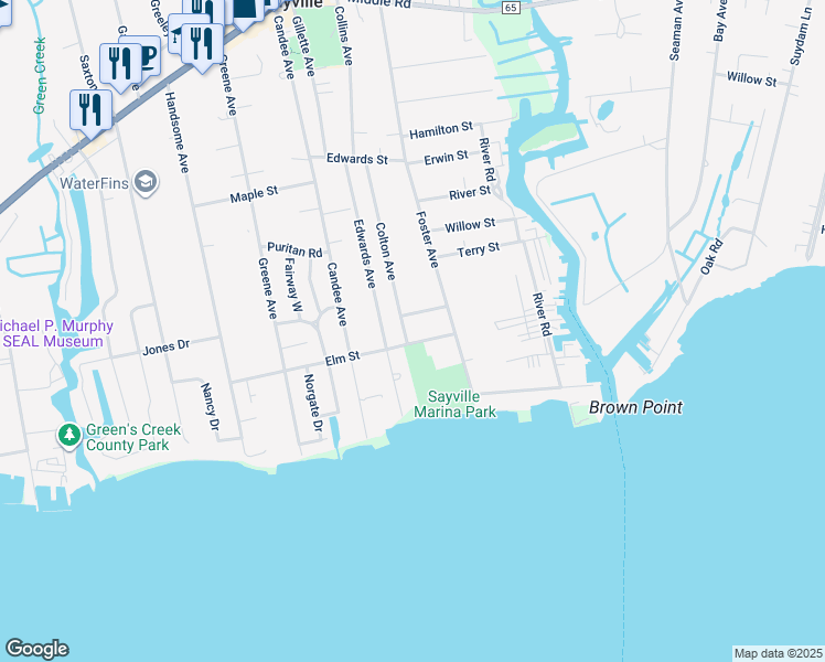 map of restaurants, bars, coffee shops, grocery stores, and more near 141 Elm Street in Sayville