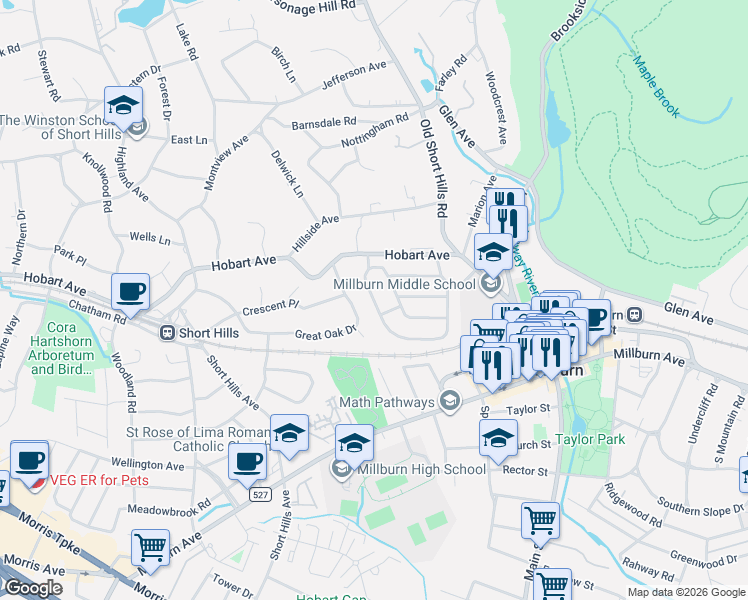 map of restaurants, bars, coffee shops, grocery stores, and more near 40 Hawthorne Road in Millburn