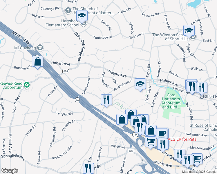 map of restaurants, bars, coffee shops, grocery stores, and more near 9 North Road in Millburn