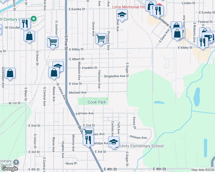 map of restaurants, bars, coffee shops, grocery stores, and more near 838 East Vine Street in Lima