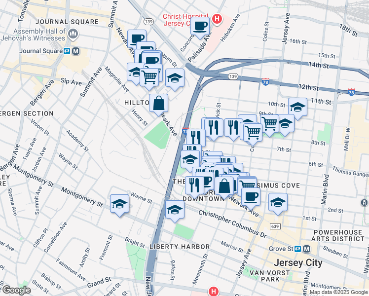 map of restaurants, bars, coffee shops, grocery stores, and more near 381 Newark Avenue in Jersey City
