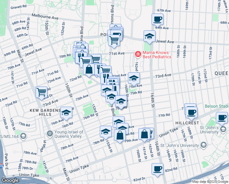 map of restaurants, bars, coffee shops, grocery stores, and more near 75-07 Parsons Boulevard in Queens
