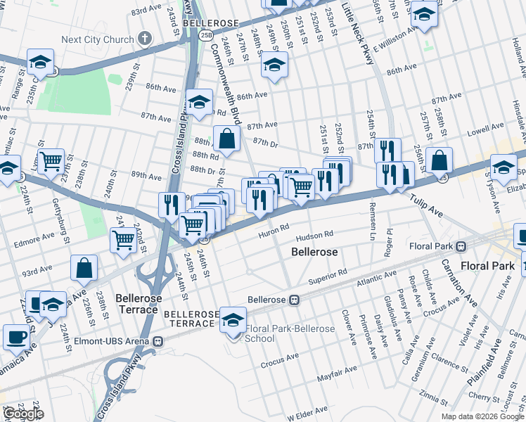 map of restaurants, bars, coffee shops, grocery stores, and more near 247-63 90th Avenue in Queens