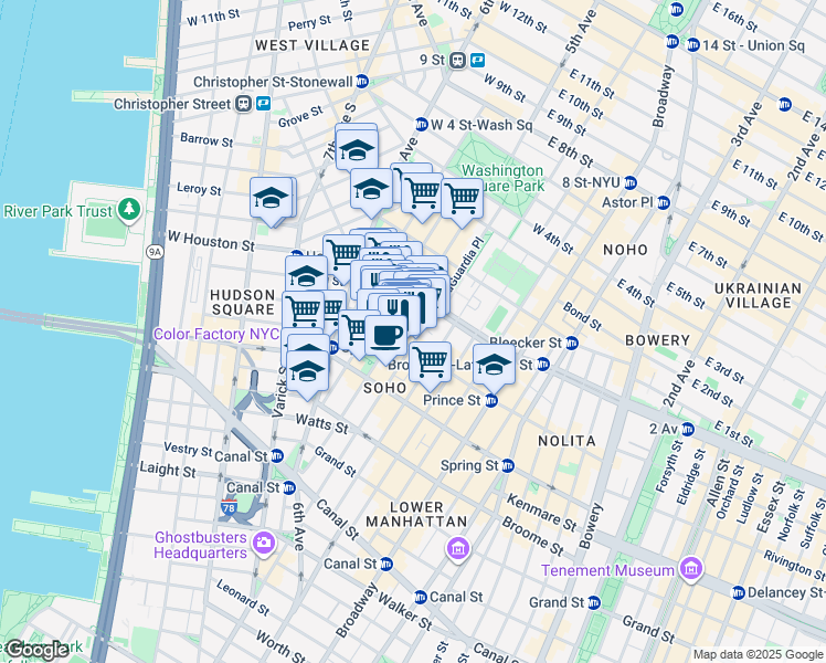 map of restaurants, bars, coffee shops, grocery stores, and more near 155-159 Sullivan Street in New York