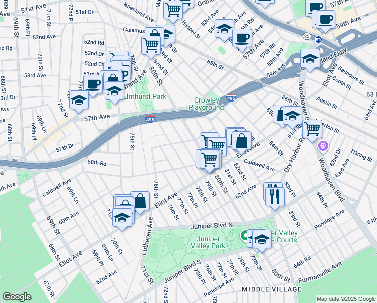 map of restaurants, bars, coffee shops, grocery stores, and more near 79th Street in Queens