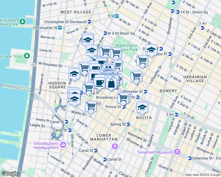 map of restaurants, bars, coffee shops, grocery stores, and more near 71 West Houston Street in New York
