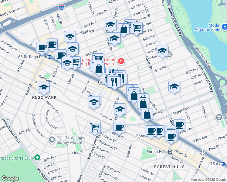 map of restaurants, bars, coffee shops, grocery stores, and more near 10102 Queens Boulevard in Queens