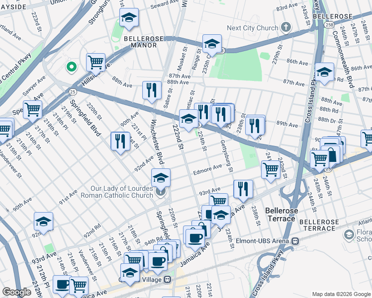 map of restaurants, bars, coffee shops, grocery stores, and more near 222-20 92nd Avenue in Queens