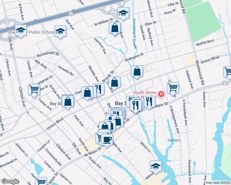 map of restaurants, bars, coffee shops, grocery stores, and more near 1855 Union Boulevard in Bay Shore
